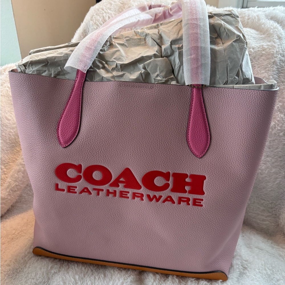Coach Pink Leather Logo Tote with Red Lettering